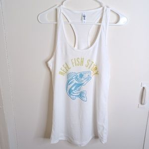 Women's Racerback Tank. Fun Fish Story Spin Humor. Size Medium